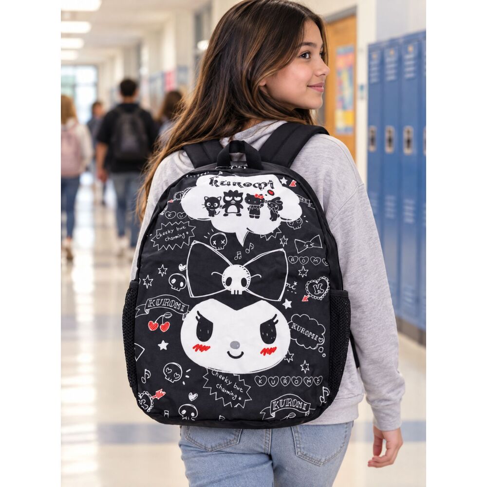 Sanrio Kuromi Backpack Full Size Black Doodle Print Front Zip School Bag